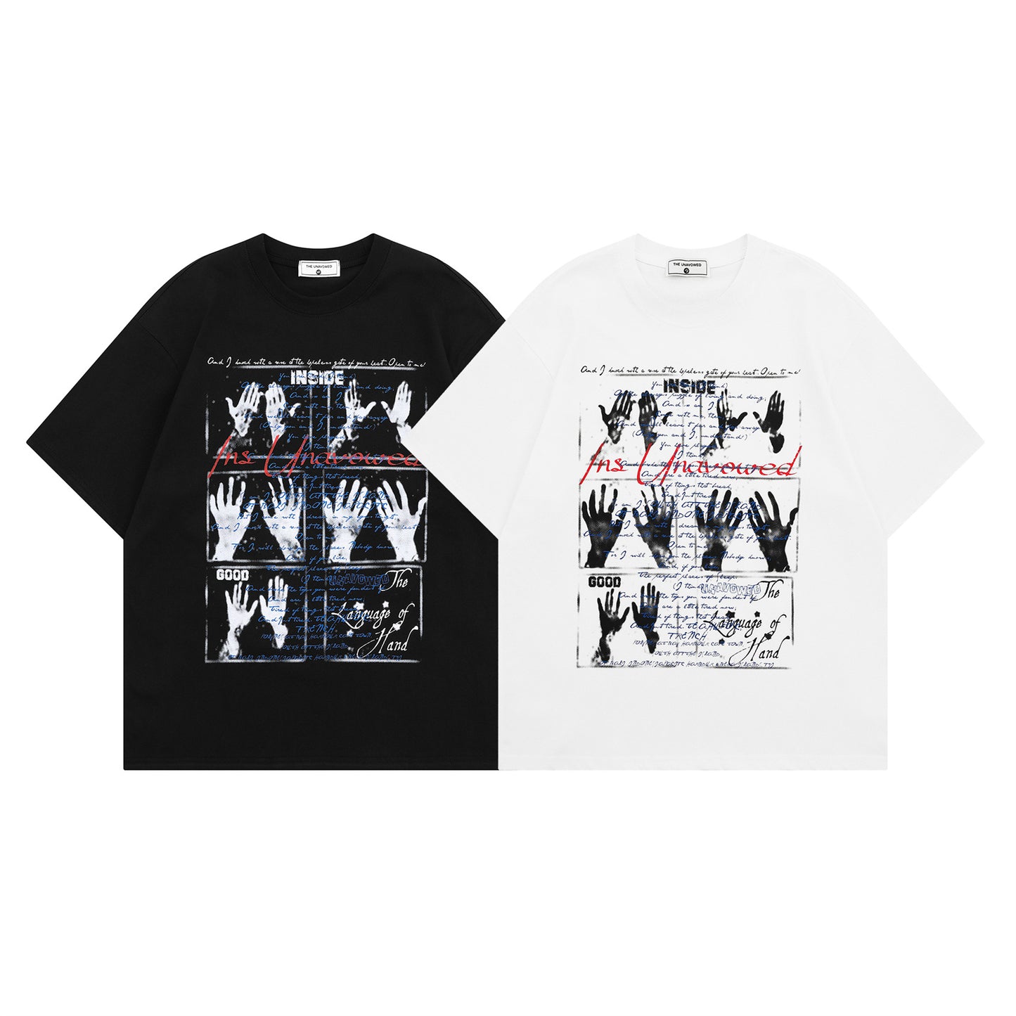 White men's palm print graphic couple t-shirt streetwear style front view | TeenStylo