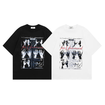 White men's palm print graphic couple t-shirt streetwear style front view | TeenStylo