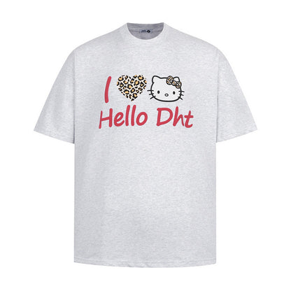 White cartoon cat print short sleeve t-shirt front view men's Y2K streetwear style | TeenStylo