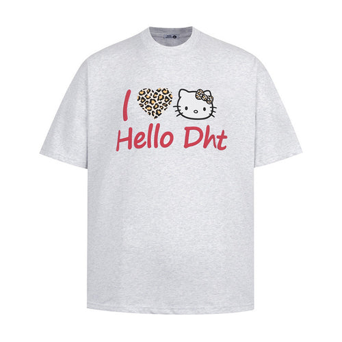 White cartoon cat print short sleeve t-shirt front view men's Y2K streetwear style | TeenStylo