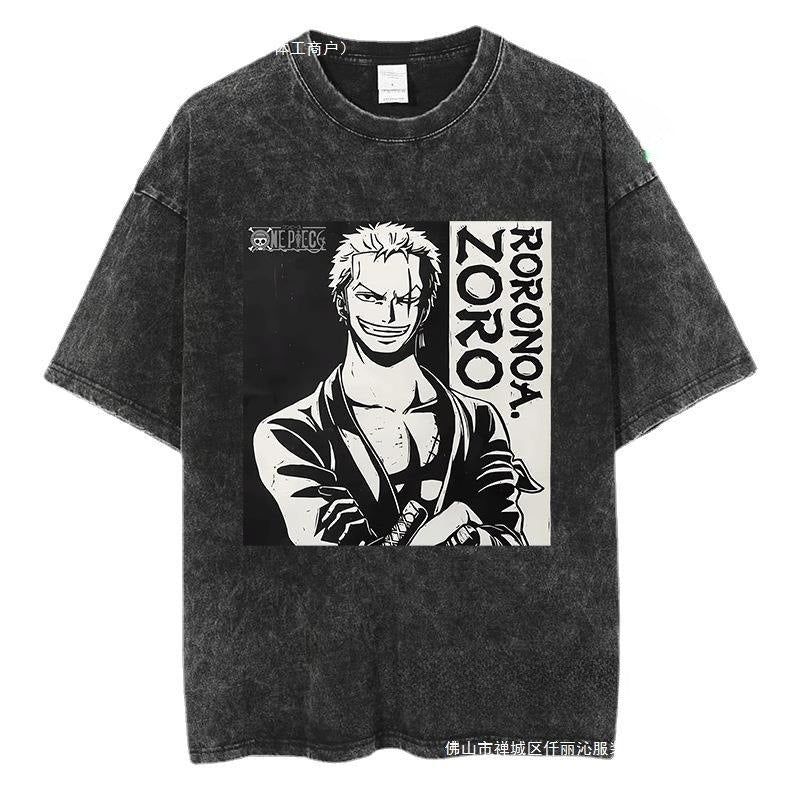Black unisex One Piece Zoro anime Y2K Harajuku streetwear graphic t-shirt lifestyle photo – TeenStylo