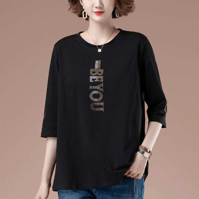 Black loose seven quarter sleeve T-shirt close-up detail, Y2K streetwear unisex fashion | TeenStylo