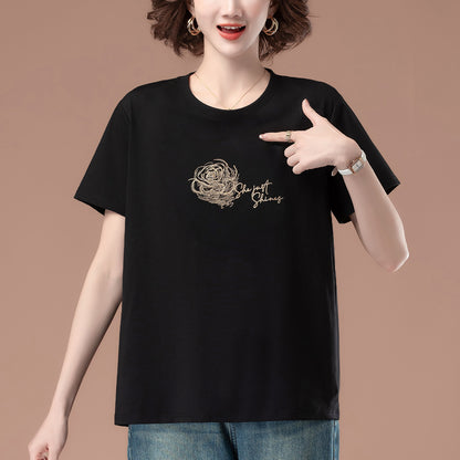 Black embroidered loose women's T-shirt back view, short sleeves, relaxed fit streetwear style | TeenStylo