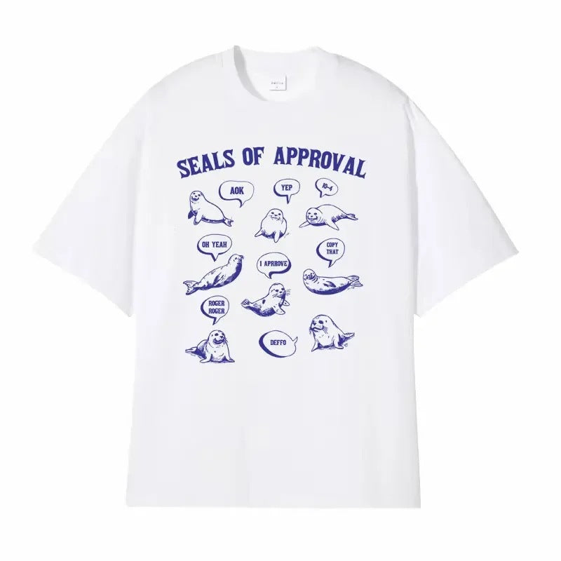 White unisex Seals of Approval funny meme retro graphic T-shirt lifestyle photo at TeenStylo
