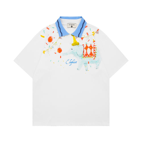White color-block elephant print turn-down collar unisex streetwear top front view - TeenStylo