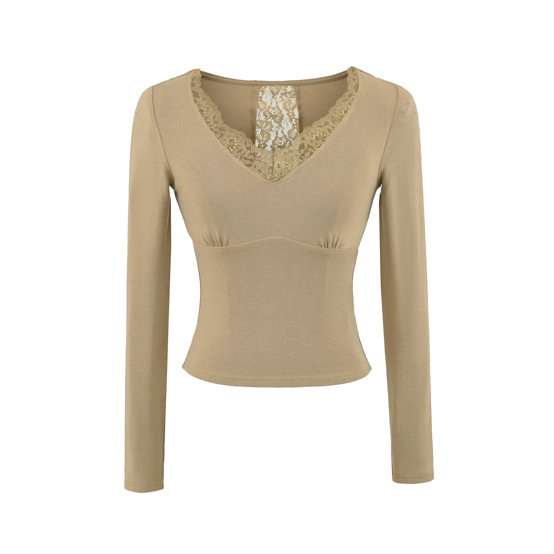 White women's V-neck long sleeve T-shirt fabric detail close-up, soft stretch material | TeenStylo