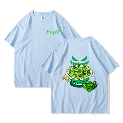 Light blue unisex FELIZ CUMPLEANOS Ferxxo Tour graphic t-shirt front view streetwear style at TeenStylo