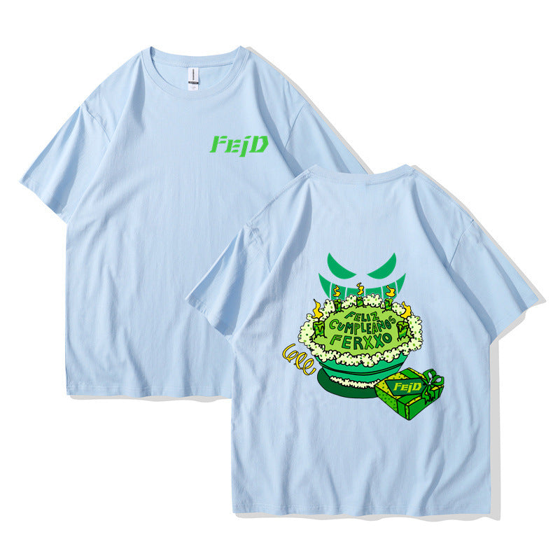 Red unisex FELIZ CUMPLEANOS Ferxxo Tour graphic t-shirt streetwear style front view at TeenStylo