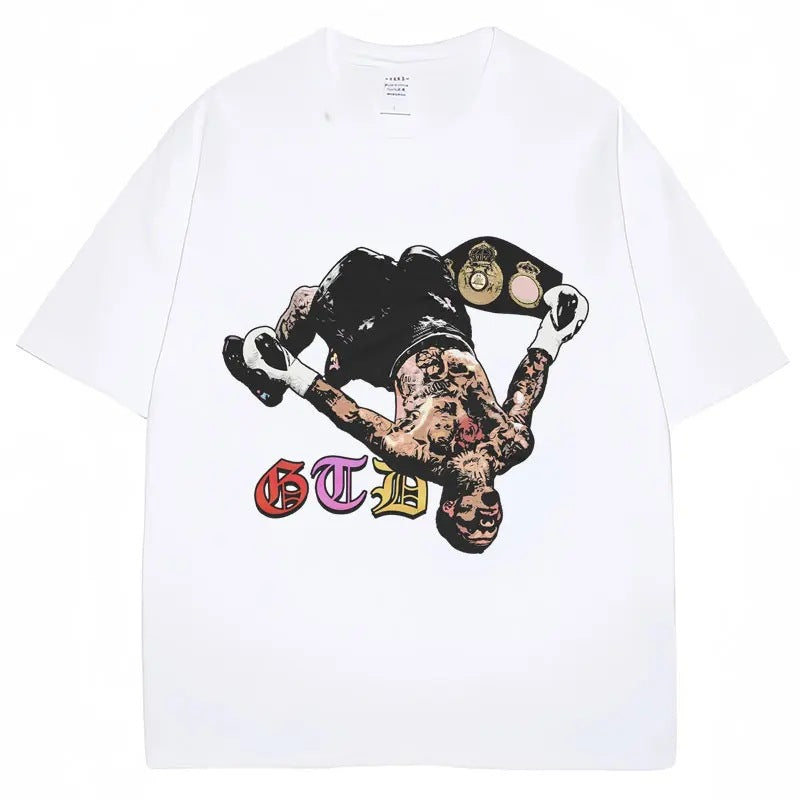 Man wearing white Gervonta Tank Davis vintage graphic tee streetwear style lifestyle shot TeenStylo