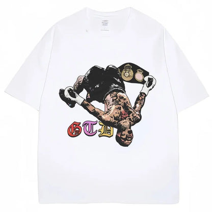 Man wearing white Gervonta Tank Davis vintage graphic tee streetwear style lifestyle shot TeenStylo