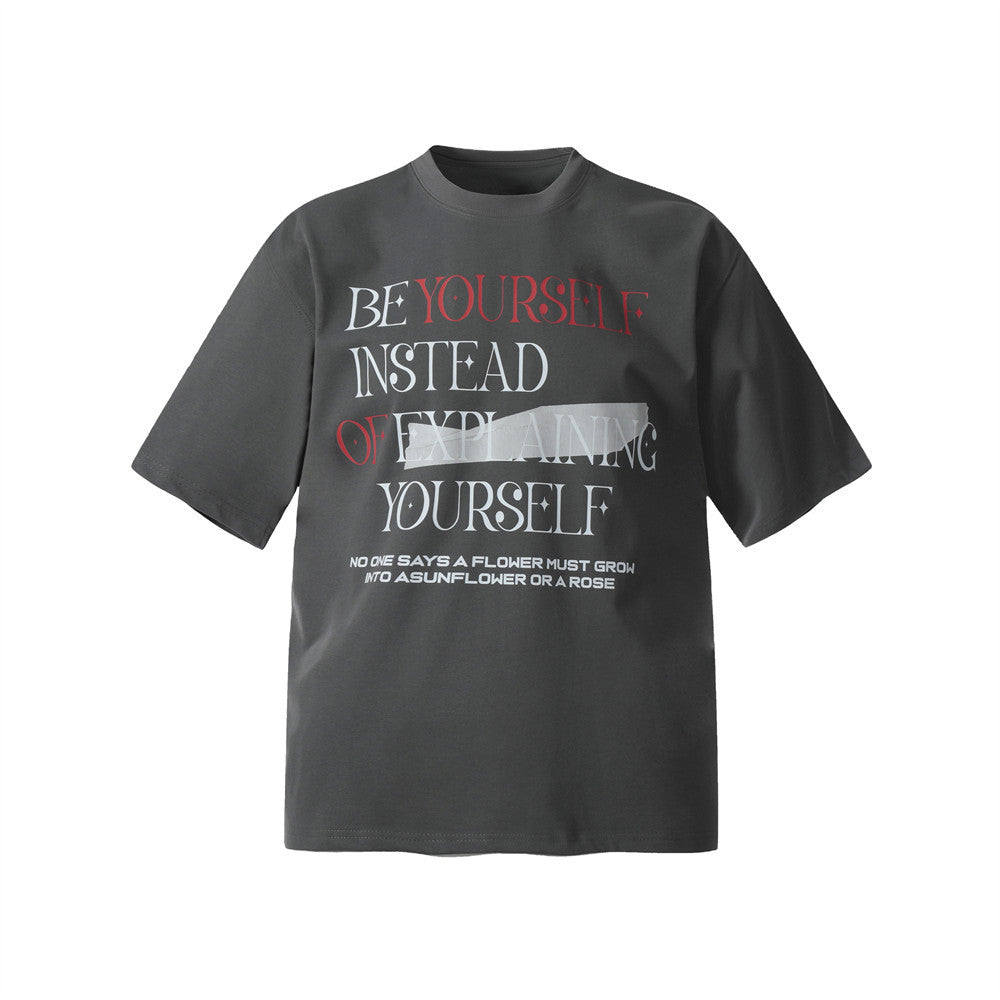 Dark grey men's alphabet print short sleeve streetwear t-shirt lifestyle look | TeenStylo