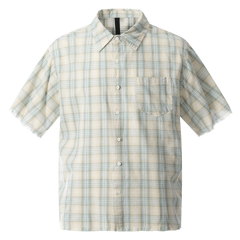 Green plaid frayed hem short sleeve unisex t-shirt lifestyle shot - Y2K streetwear style at TeenStylo