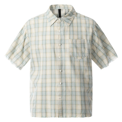 Green plaid frayed hem short sleeve unisex t-shirt lifestyle shot - Y2K streetwear style at TeenStylo