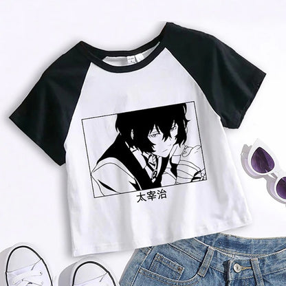 Close-up detail of white unisex Bungou Stray Dogs Chuuya anime crop top cartoon tee streetwear style TeenStylo