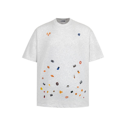 Men's snowflake gray cartoon sticker print short sleeve t-shirt lifestyle shot by TeenStylo