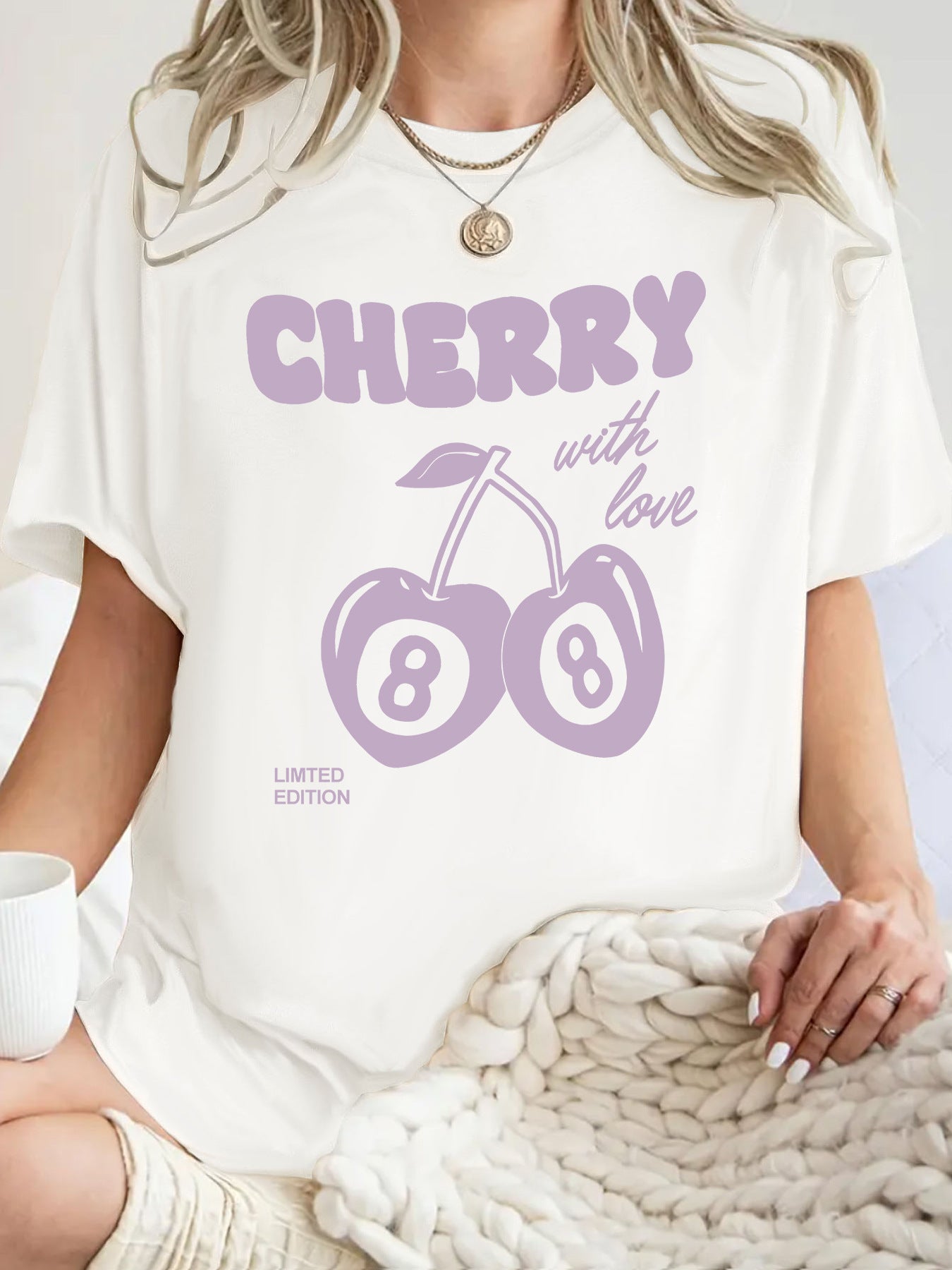 White cherry print short sleeve t-shirt women lifestyle shot TeenStylo
