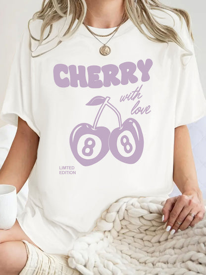 White cherry print short sleeve t-shirt women lifestyle shot TeenStylo