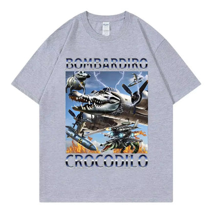 Unisex Bombardiro Crocodilo Plane Bomber graphic tee streetwear lifestyle shot TeenStylo