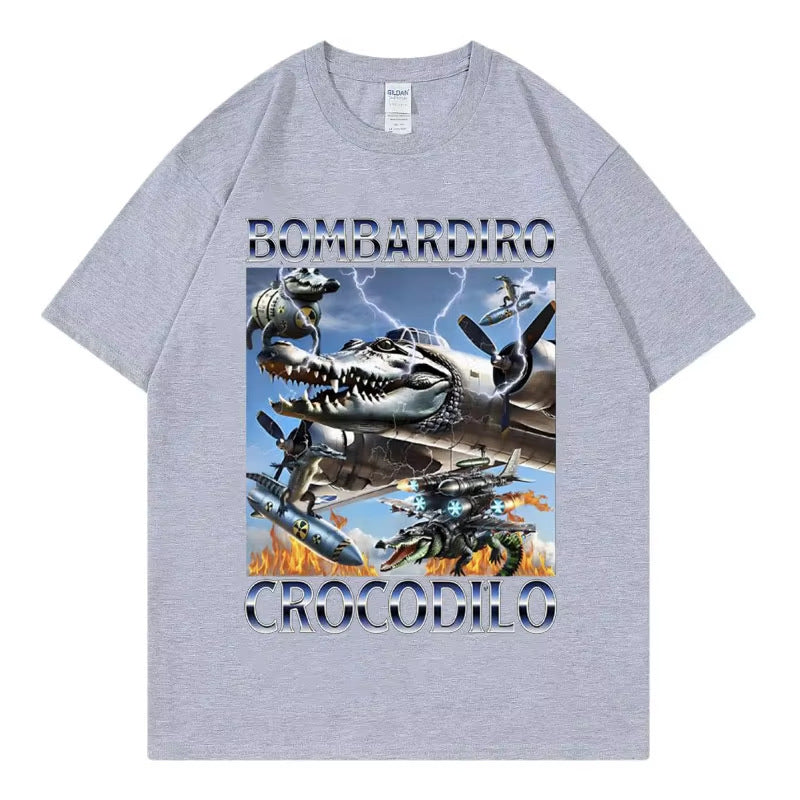 Unisex Bombardiro Crocodilo Plane Bomber graphic tee streetwear lifestyle shot in qh2 TeenStylo