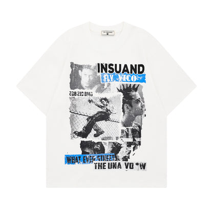 White unisex short sleeve t-shirt with portrait letter print, streetwear style front view | TeenStylo