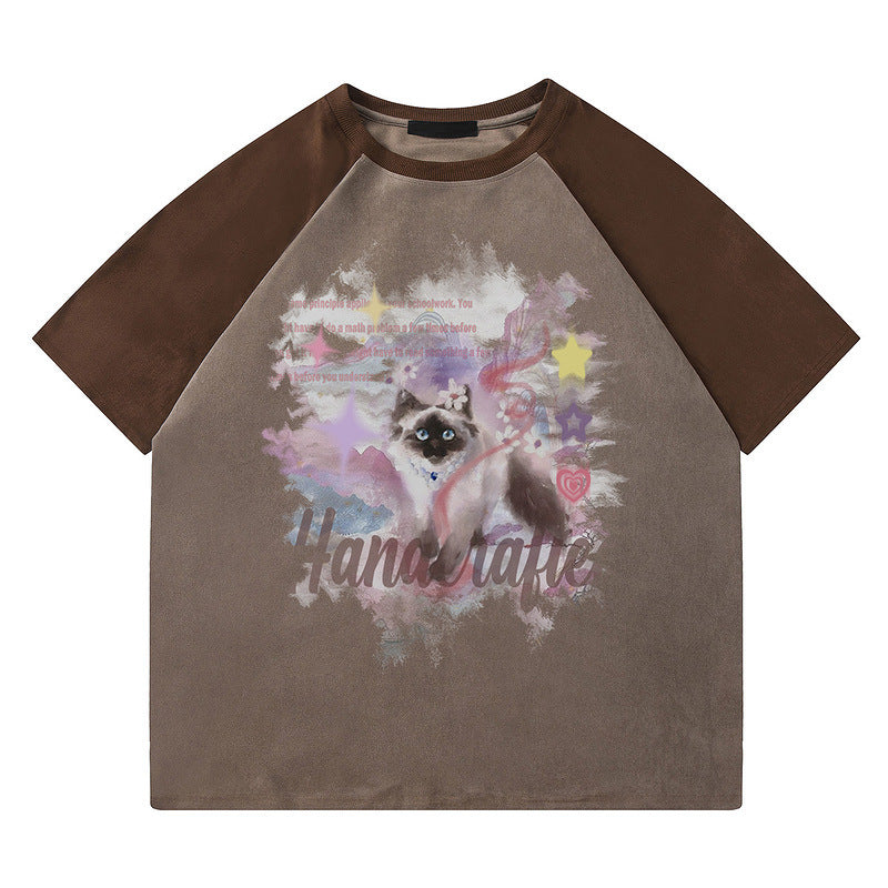 Brown unisex loose half-sleeve suede T-shirt lifestyle look, Y2K streetwear casual style at TeenStylo