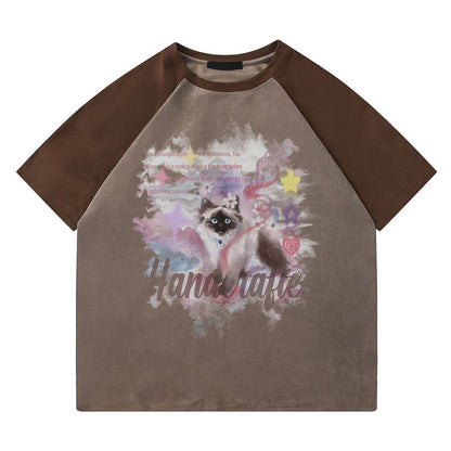 Brown unisex loose half-sleeve suede T-shirt lifestyle look, Y2K streetwear casual style at TeenStylo