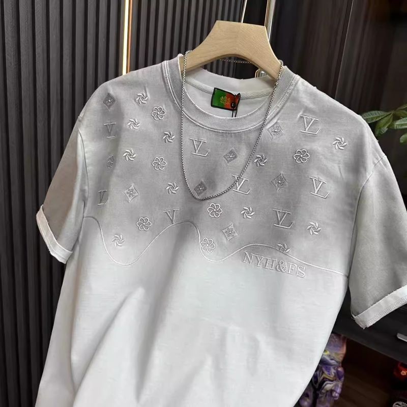 White men's embroidered round neck short sleeve tee lifestyle shot – Y2K streetwear style at TeenStylo