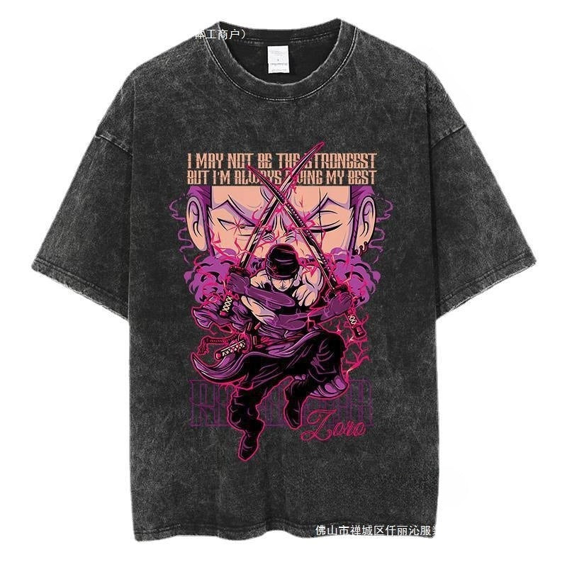 Black Unisex Anime One Piece Zoro Y2K Harajuku High Street Graphic T-Shirt Front View - TeenStylo