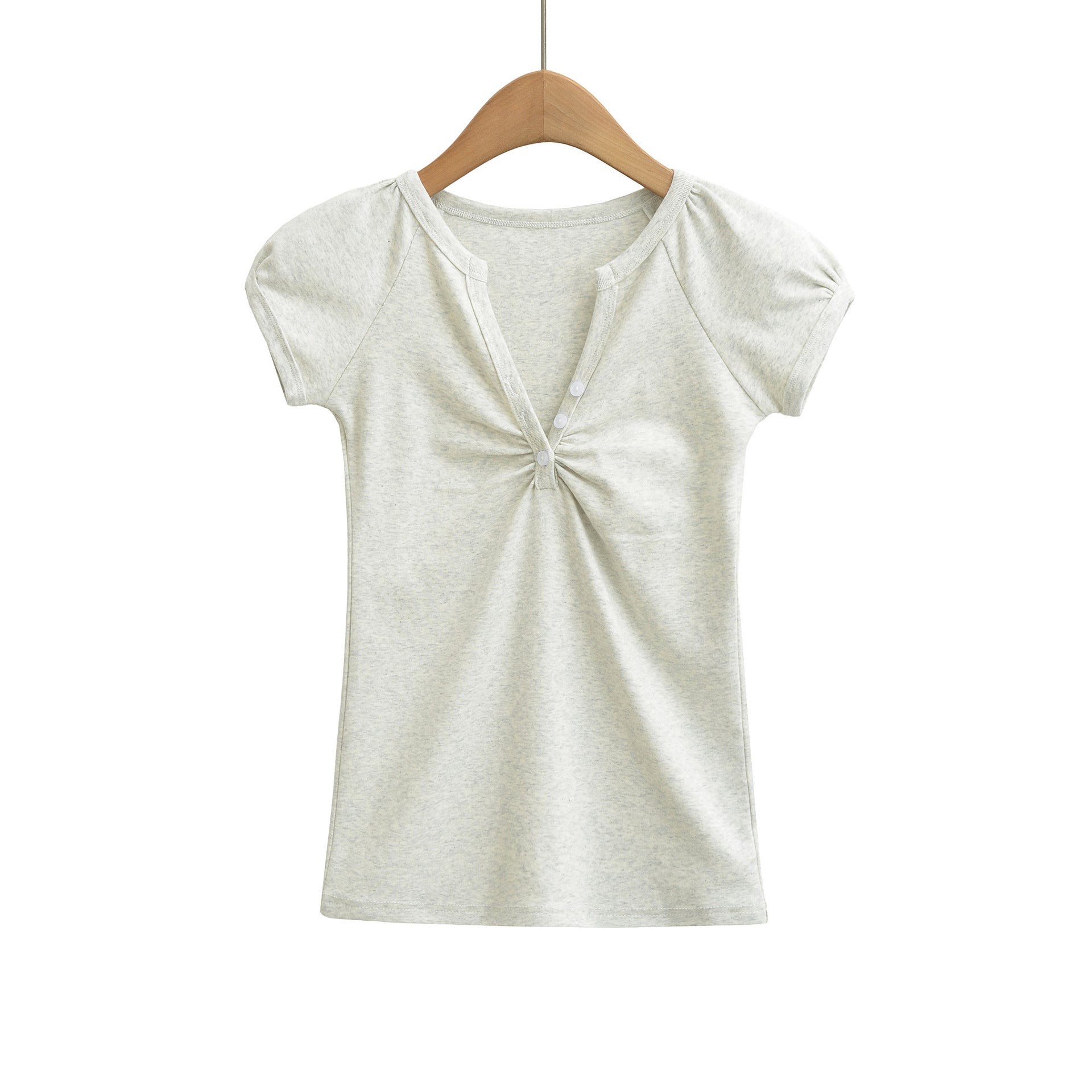 Light gray women's V-neck short sleeve T-shirt lifestyle shot | TeenStylo