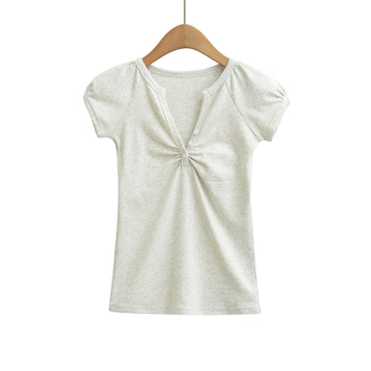 Light gray women's V-neck short sleeve T-shirt lifestyle shot | TeenStylo