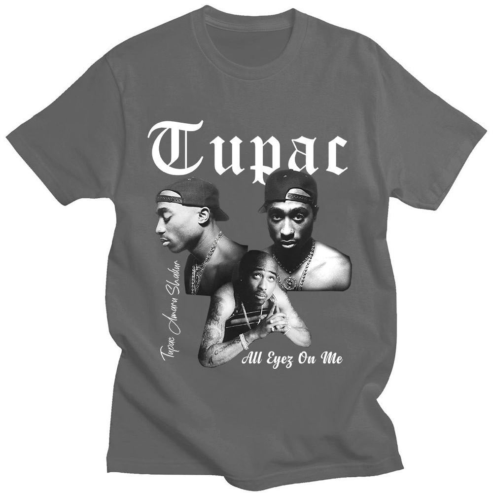 Dark gray Tupac 2Pac graphic milk silk unisex t-shirt lifestyle shot, Y2K streetwear fashion at TeenStylo
