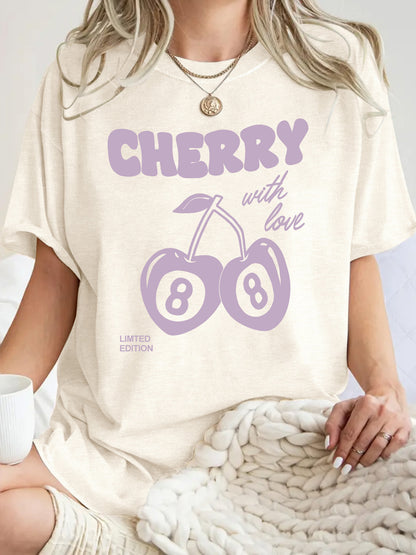 Apricot cherry print short sleeve t-shirt women unisex Y2K streetwear casual top TeenStylo