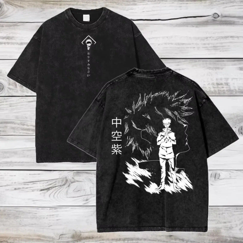 Unisex vintage washed anime print cotton t-shirt in color 7, short sleeve summer streetwear style - TeenStylo