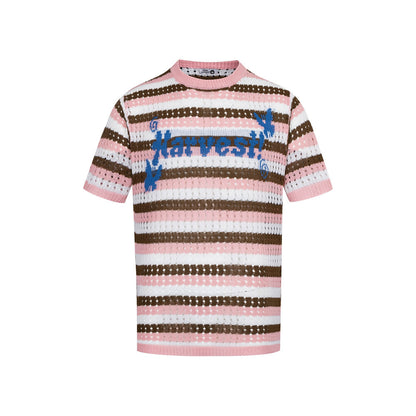 Pink color block striped crochet hollow knit short sleeve top for men lifestyle shot TeenStylo