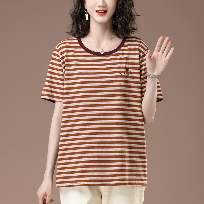 Close-up detail of women's striped short sleeve T-shirt fabric and stitching | TeenStylo