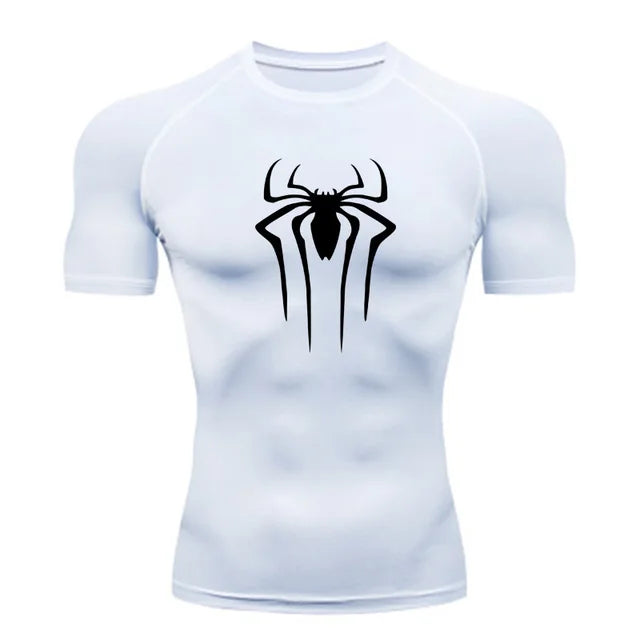 White unisex compression fitness shirt with superhero graphic design for gym and sport at TeenStylo