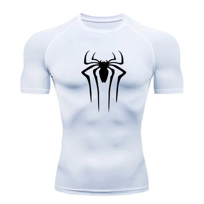 White unisex compression fitness shirt with superhero graphic design for gym and sport at TeenStylo