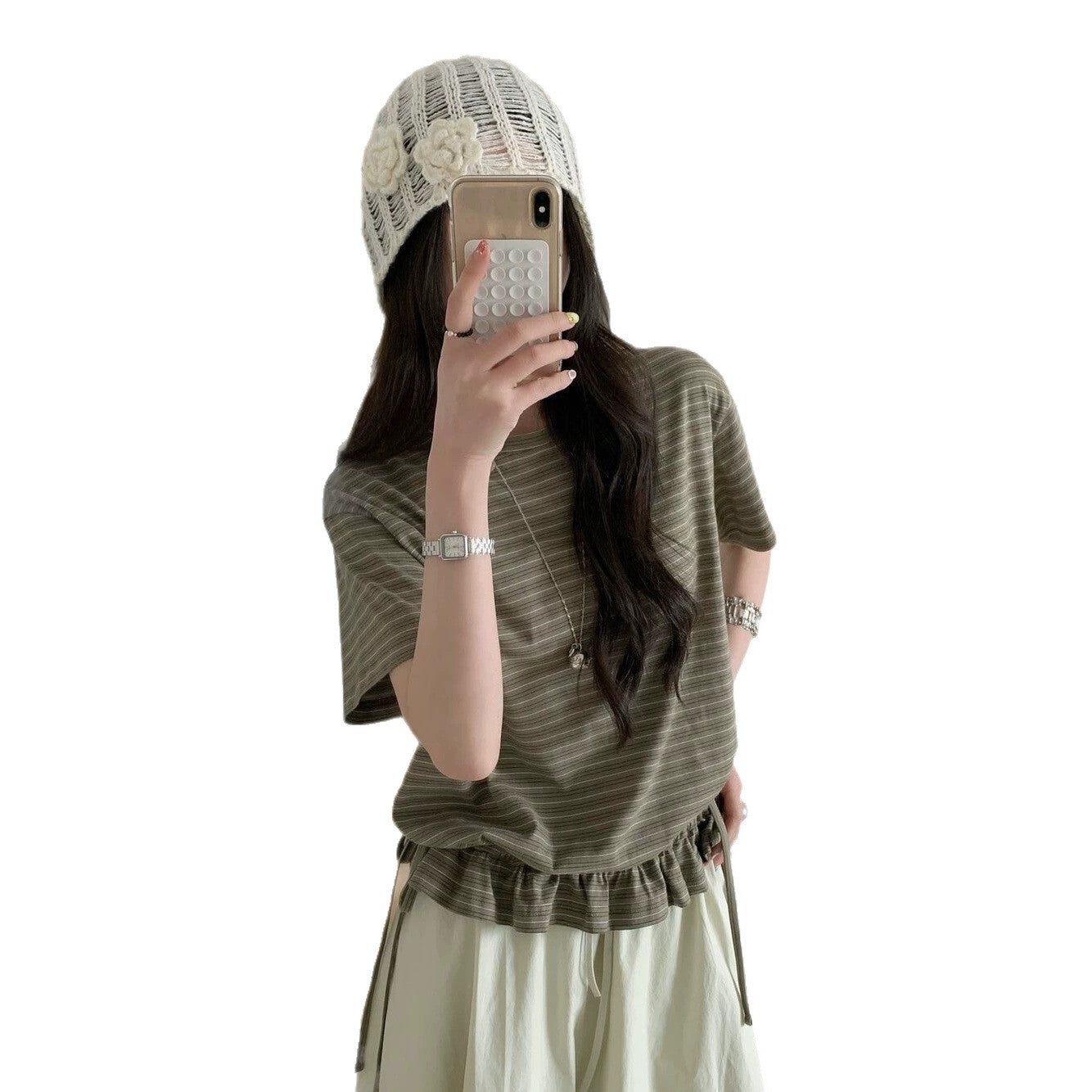 Green striped ruffled short sleeve t-shirt for women, front view, Y2K streetwear style - TeenStylo