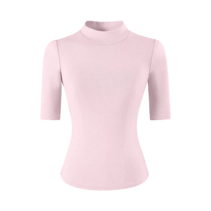 Pink high neck slim fit T-shirt for women, front view – Y2K streetwear style | TeenStylo