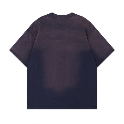Blue retro letter graphic tee close-up detail stitching and print quality men's streetwear TeenStylo