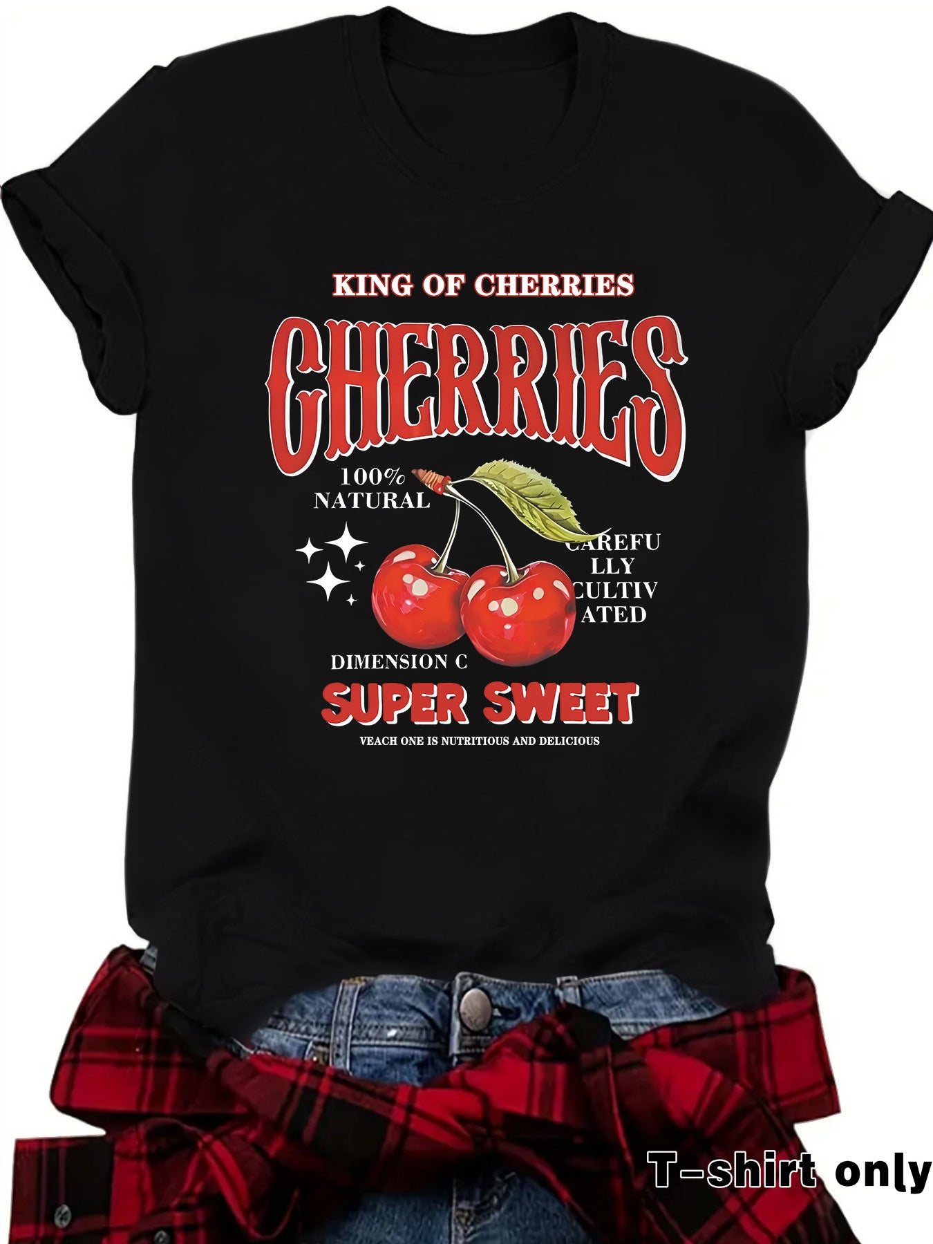 Black unisex short sleeve cherry print T-shirt lifestyle shot | TeenStylo