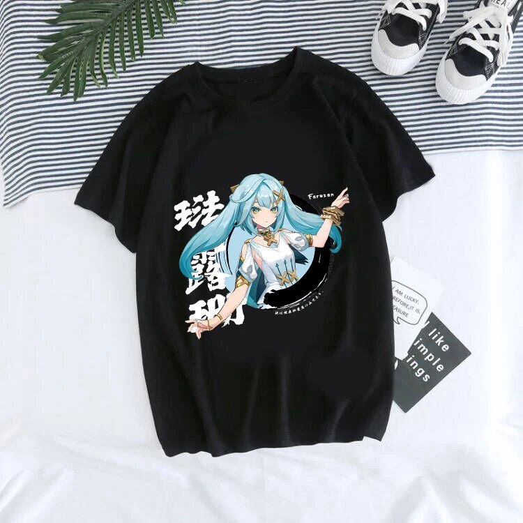 Close-up detail of Genshin Impact Hu Tao Xiao kawaii graphic tee unisex streetwear style at TeenStylo