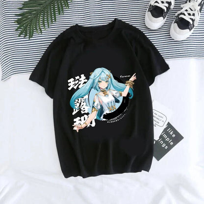 Close-up detail of Genshin Impact Hu Tao Xiao kawaii graphic tee unisex streetwear style at TeenStylo