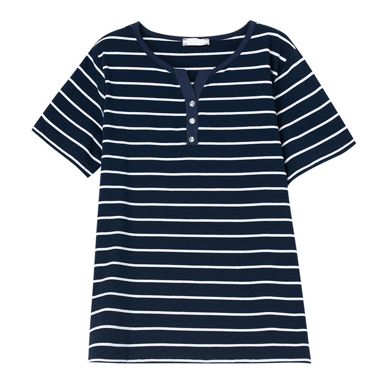 Royal Blue striped short sleeve t-shirt women's unisex front view - TeenStylo