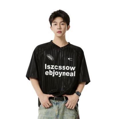 Black men's V-neck sports jersey tee back view, cool touch ice silk fabric, streetwear style at TeenStylo