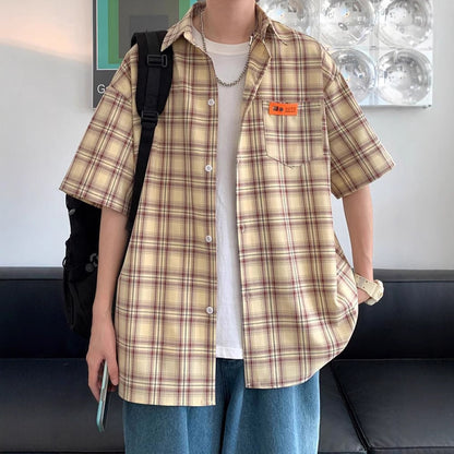 Yellow checkered short sleeve shirt for men, relaxed streetwear style - TeenStylo