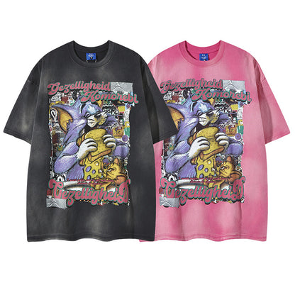 Black unisex street washed cartoon letter print round neck short sleeve tee lifestyle shot TeenStylo