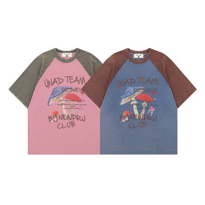 Pink retro color block mushroom letter print short lifestyle look unisex Y2K streetwear style at TeenStylo