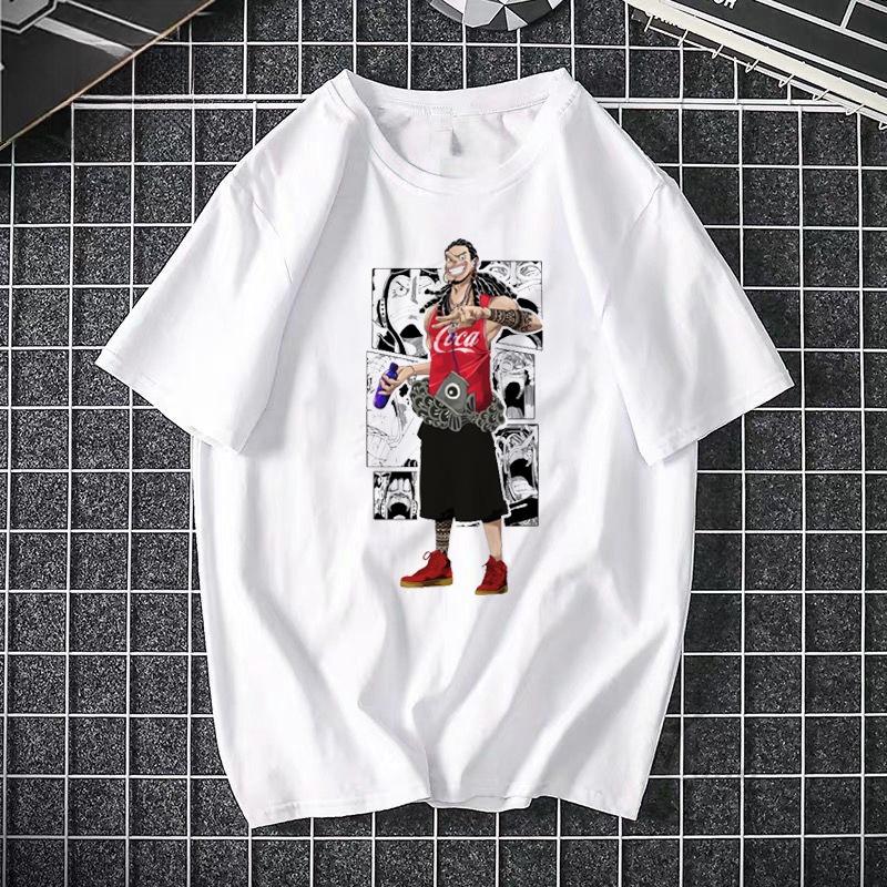 Close-up detail of white ONE PIECE Pirate King Luffy graphic print unisex streetwear tee TeenStylo