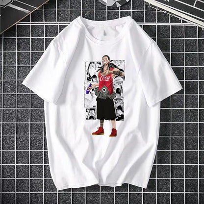 Close-up detail of white ONE PIECE Pirate King Luffy graphic print unisex streetwear tee TeenStylo